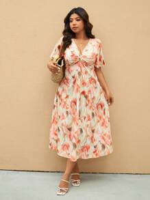 Elaquor 夏季大码花卉印花扭纹设计 V 领短袖连衣裙