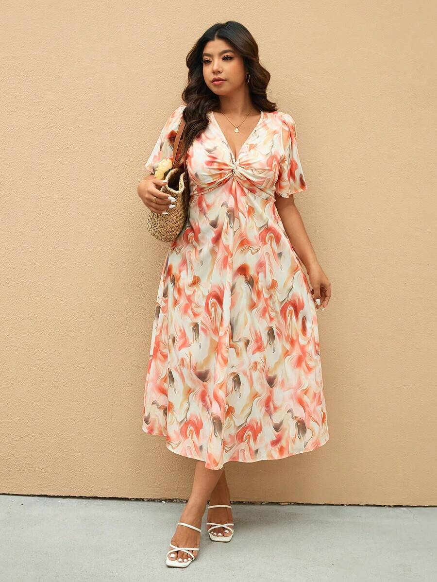 Elaquor 夏季大码花卉印花扭纹设计 V 领短袖连衣裙