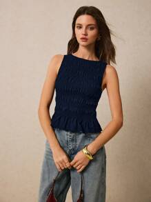 Poéselle 女士纯色褶皱圆领休闲百搭吊带背心 - 藏蓝色 - 查看 5