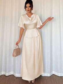 Chiquease 女式缎面休闲宽松领荷叶边袖衬衫和 A 字下摆半身裙套装，春夏 - 杏色 - 查看 4