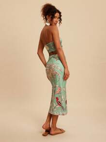 Travachic 2 件套女士花卉印花短款吊带背心上衣和裙子休闲度假装，女士两件套，女士度假装，波西米亚风，夏季 - 綠色 - 查看 2