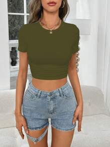 Zolique Casual Versatile Minimalist Solid Color Slim Fit Cropped T-Shirt - Army Green - View 3