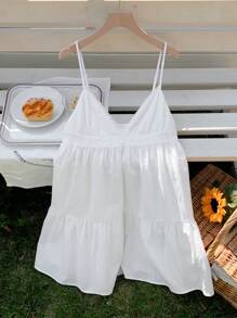 Comfortcana 女士度假休闲白色镂空刺绣拼布细肩带迷你连衣裙 - 白色 - 查看 6