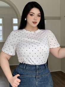 Dazy Plus Valentine Plus Size Women Casual Round Neck Polka Dot Short Sleeve Fitted White T-Shirt - White - View 6
