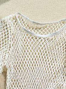 SHEIN Tween Girls Grid & Seashell Pattern Beach Cover-Up Dress, Long Sleeve - Beige - View 4