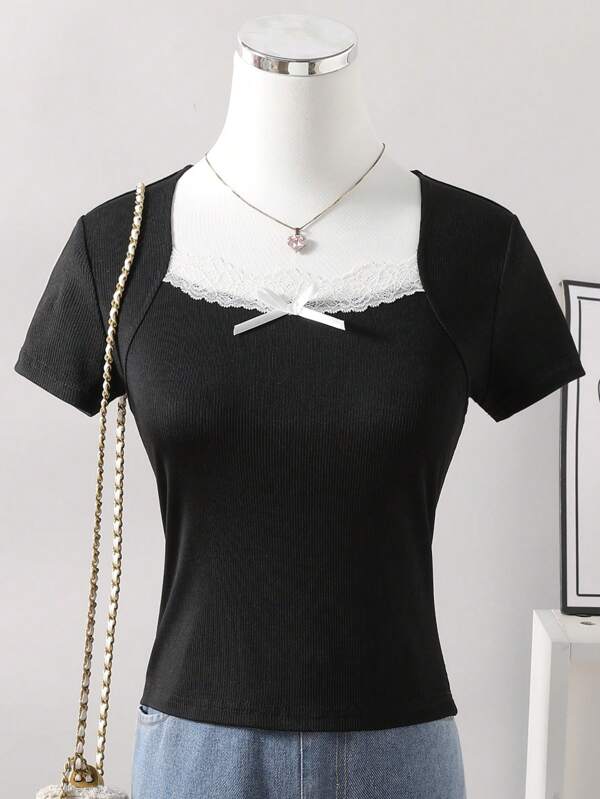 SHEIN Wildeya Tween Girls Lace Trim Crew Neck Fitted Short Sleeve T-Shirts, Sweet & Elegant Lady Style