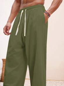 Manfinity VCAY Men Beach Summer Vacation Basic Woven Casual Surfing Seaside Beach Fit Linen Pants Beachwear - Green - View 2