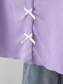 大码女式迷人休闲V领荷叶边蝴蝶结短袖T恤，母女装（2件分开出售） - 紫色 - 查看 4