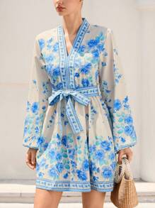 SHEIN VCAY Vestido de mujer de manga larga con estampado floral y cintura definida, conjunto de ropa de vacaciones - Multicolor - Ver 1