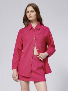 Aveloria Affinna 2 pezzi/set Camicia con colletto a risvolto e gonna casual stile jeans effetto rosa rosso, stile Y2K, versatile, manica lunga, per strada