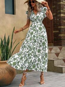 SHEIN Clasi New Floral Print Butterfly Sleeve Ruffle Hem Sexy Bohemian Maxi Dress For Vacation & Commute - Army Green - View 4