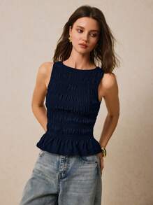 Poéselle 女士纯色褶皱圆领休闲百搭吊带背心 - 藏蓝色 - 查看 4