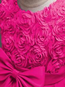 SHEIN Young Girl Bowknot Strap Dress, Rose Flower Princess Wedding Dress, Bridesmaid Dress - Hot Pink - View 4