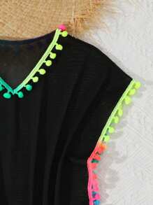 SHEIN Young Girl Vacation Beach Kaftan With Colorful Pom Pom Trims - Black - View 3