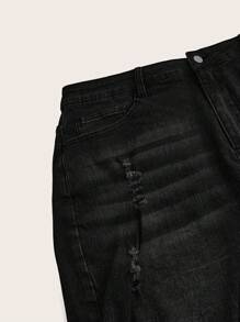 SHEIN CURVE+ Plus Size Women Elastic Blue Personalized Fashion Cycling Jeans Summer Outfits For Women Festival Outfits Casual Shorts - Black - View 4