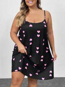 SHEIN CURVE+ Camisón de mujer de tallas grandes con estampado de corazón y tirantes finos, atuendos para Día de San Valentín, playa, vacaciones en la playa, graduación, fiesta del té - Multicolor - Ver 5