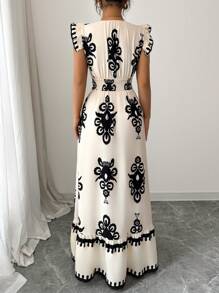 Elenzga Women's V-Neck Allover Print Ruffle Hem Casual Dress - Apricot - View 2