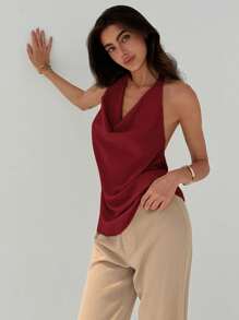 Aloruh Minimalist Commuting Choker Neck Form-Fitting Chic Camisole For Women,Rave Top - Burgundy - View 3