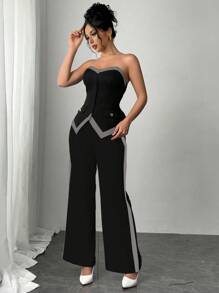 Elenzga 2pcs Set: Colorblock Tube Top And Straight Leg High Waist Pants Without Belt - Black - View 4