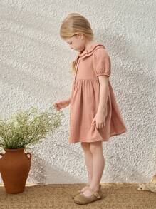 SHEIN Leap Crew Young Girls' Elegant French Style Pink Ruffle Collar Front Open Dress, Spring/Summer - Brown - View 7
