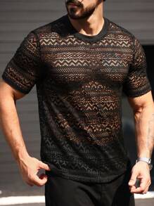 Manfinity Homme Plus Size Men's Hollow Design Round Neck Short Sleeve Fashionable T-Shirt - Black - View 6