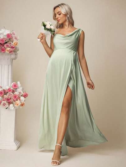 SHEIN Satin Sleeveless Slit Maternity Dress, Suitable For Bridesmaid Gown, Evening/Wedding Party Formal Dresses For Women Bridesmaid Dresses Wedding Dress  Dresses Classy Elegant   White Dress