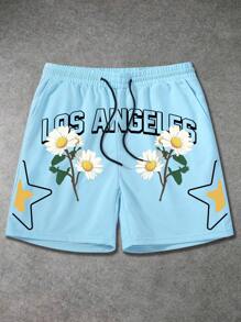 Manfinity EMRG Men's Letter & Daisy Print Drawstring Waist Casual Shorts - Blue - View 2
