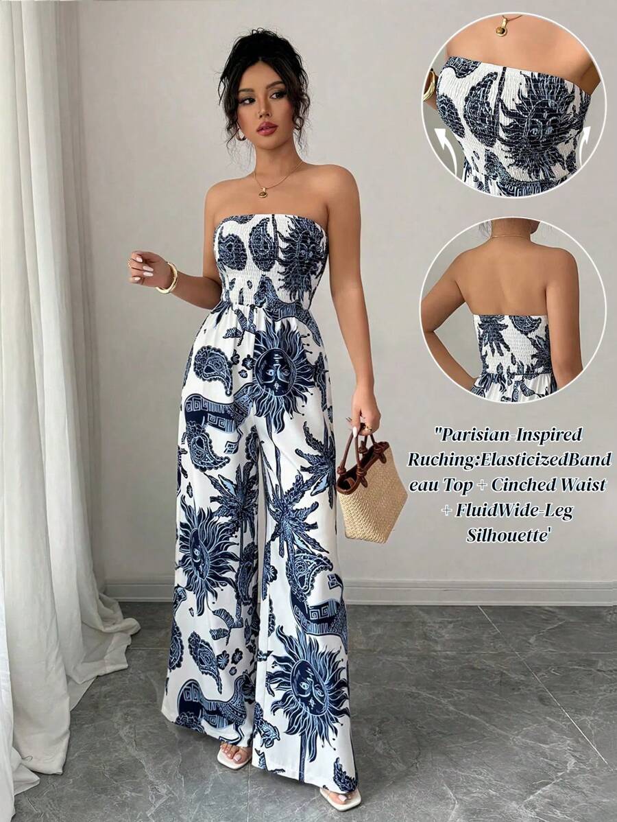 Elenzga 女式印花抹胸连体裤，腰部收褶，喇叭腿，优雅度假和工作服连体裤 - 藍白色 - 查看 1