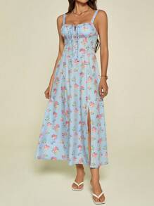 SHEIN Tall Vintage Garden Queue Patterned Square Neckline Sleeveless Ladies' Dress With Floral Bustier, Spring/Summer - Blue - View 11