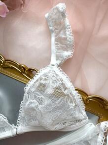 PetitDoll 2pcs/Set Women Solid Lace Wireless Sexy Lingerie Set, Kawaii