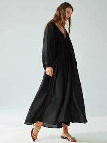 Aveloria Modichic 女士 V 领褶皱泡泡袖缎面亮面连衣裙，配腰带和 A 字形下摆，适合通勤和正式场合 - 黑色 - 查看 3