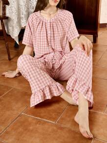 Plaid Ruffle Trim Casual Women Pajama Set - Pink - View 6