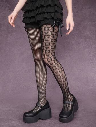 Goth 1 Paio Di Calze A Rete Asimmetriche Nere Da Donna A Scacchi/Motivo Di Poker, Adatte Per Tutte Le Stagioni