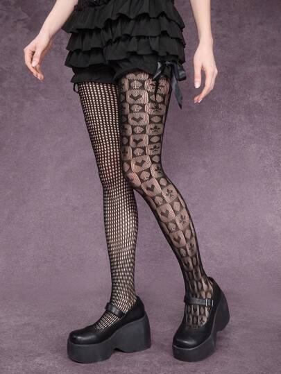 Goth 1 par de medias de rejilla asimétricas negras con patrón de damas/póquer para mujeres, para todo el año