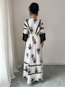 Chiquease Women's Printed Contrast Color Lace Hem Maxi Dress, Casual & Stylish, Suitable For Daily Wear, Boho Style, Vacation, Fringe, Music Festival