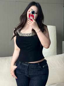 Dazy Plus Atasan Plus Size Motif Leopard dengan Model Sambungan, Gaya Kasual Musim Panas Motif Cheetah - Hitam - View 3