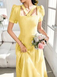 Modelyn French Style Square Neck Bishop Sleeve Pleated Women's Dress - Yellow - View 6