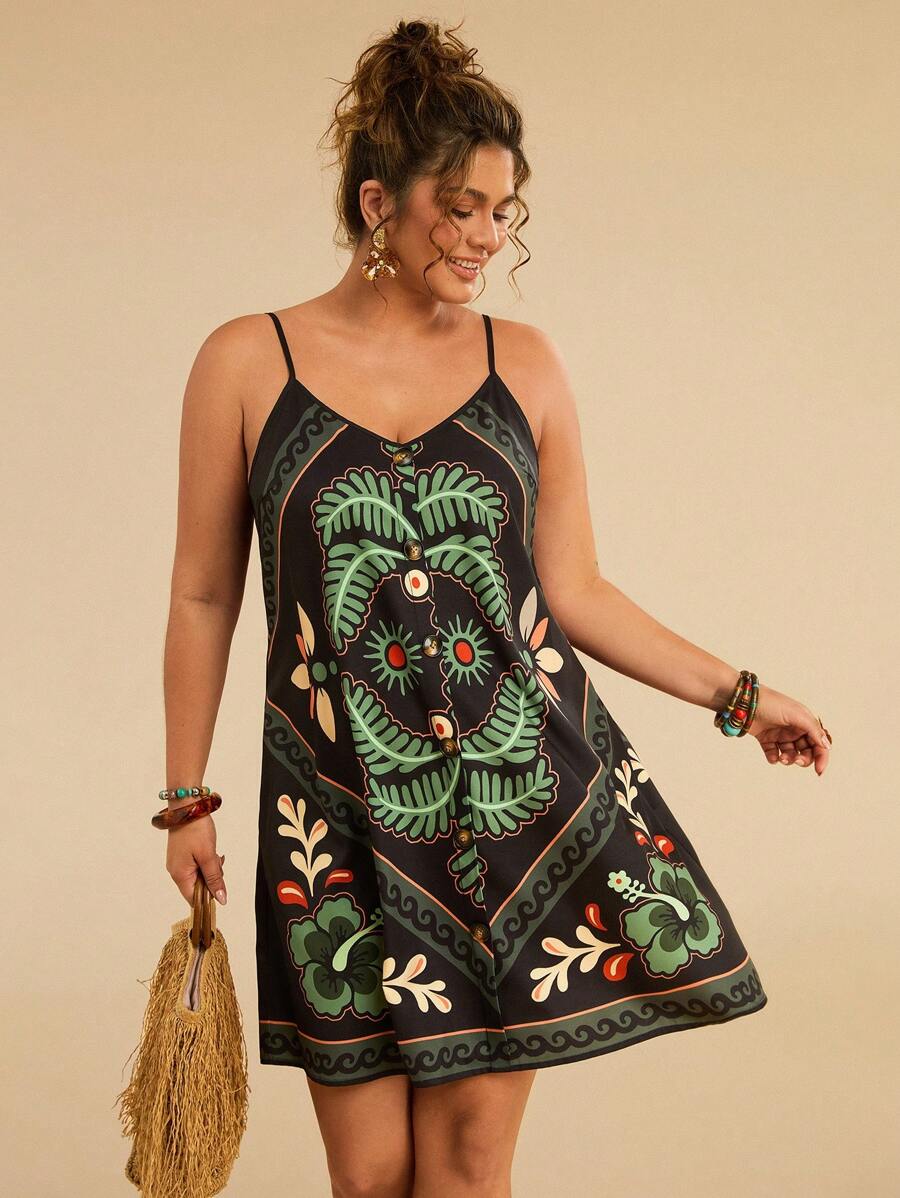Travachic Plus Size Women Summer Tropical Plant Print Pocket Casual Vacation Cami Dress, Black - Black - View 1