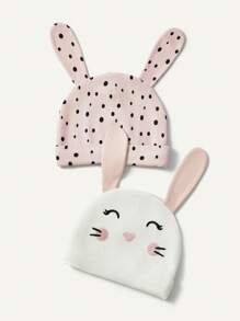 Cozy Pixies 2pcs/Set Soft & Comfortable Baby Pink Bunny Ear Embroidered Knit Hat - Multicolor - View 5