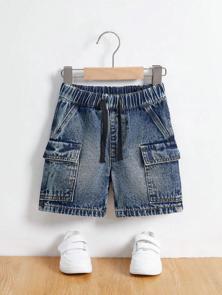 SHEIN 2025 Young Boy Casual Streetwear Decor Elastic Drawstring Waist Water-Washed Denim Cargo Shorts, Comfortable Essential Item, School, Campus, College - Dark Wash - View 1