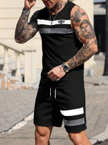 Manfinity Homme Set di gilet e pantaloncini casual da uomo in stile urban con design a righe e patchwork