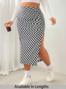 SHEIN Tall CURVE Plus Size Women Checkered Print Side Split Skirt
