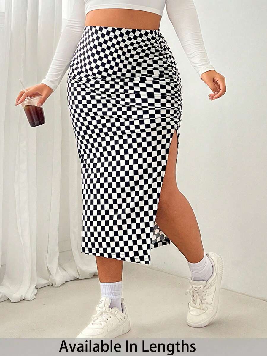 SHEIN Tall CURVE Plus Size Women Checkered Print Side Split Skirt