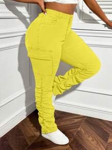 Slaydiva Celana Jeans Kasual Stretch Wanita Ukuran Plus dengan Kantong Kargo dan Elemen Desain - Kuning - View 8