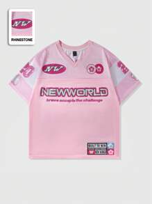 ROMWE MEN Prep Men's Sports T-Shirt With Rhinestone Decor Mesh Panel, Athletic Jersey - Pink - View 1