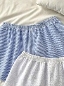 Set de 2 pantalones cortos de dormir informales y cómodos con estampado de rayas y cordón para mujer