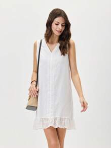 Miaspire Ladies' Casual Solid Color White Dress With Lace Embroidery Decoration On Neckline And Hem - White - View 6