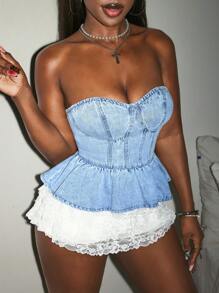 Slaydiva Casual Sexy Women's Denim Tube Top, For Party - Blue - View 1