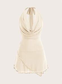 Opulessa Solid Color Knitted Mesh See-Through Sexy Dress, Draped Neck With Halter Strap, Open Back Design For Women's Vacation,Bachelorette Dress ,Fall Women Clothes , - Apricot - View 9