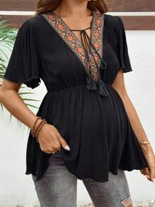 SHEIN Áo thun tay ngắn tua rua họa tiết hoa chắp vá cho bà bầu - màu đen - Xem 6